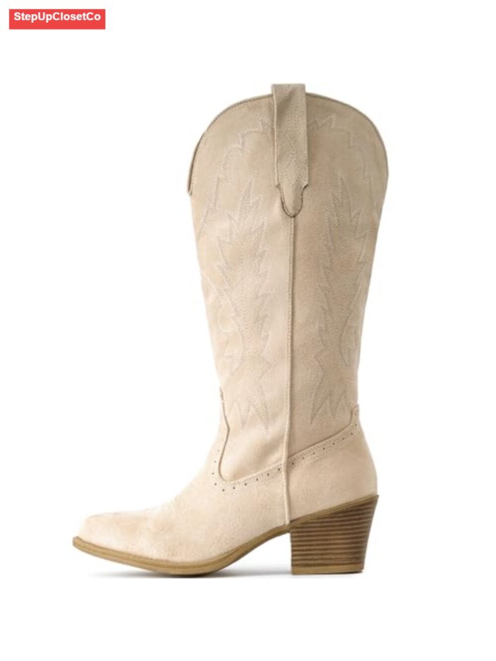 Suede Cowgirl Boots Chunky Heel Pointed Toe Mid-Calf Pull-On - Picture 4 of 6